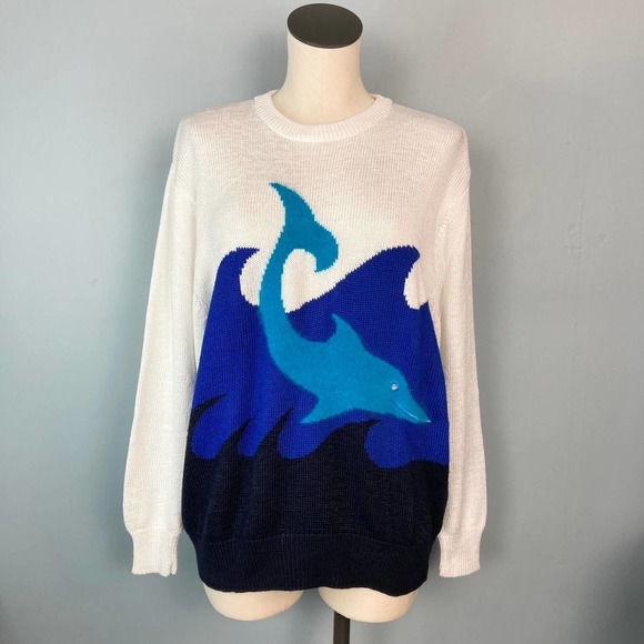 Toplike Sweaters - TOPLIKE Vintage Dolphin Ocean Waves Angora Blend Crew Neck Sweater Womens Size L